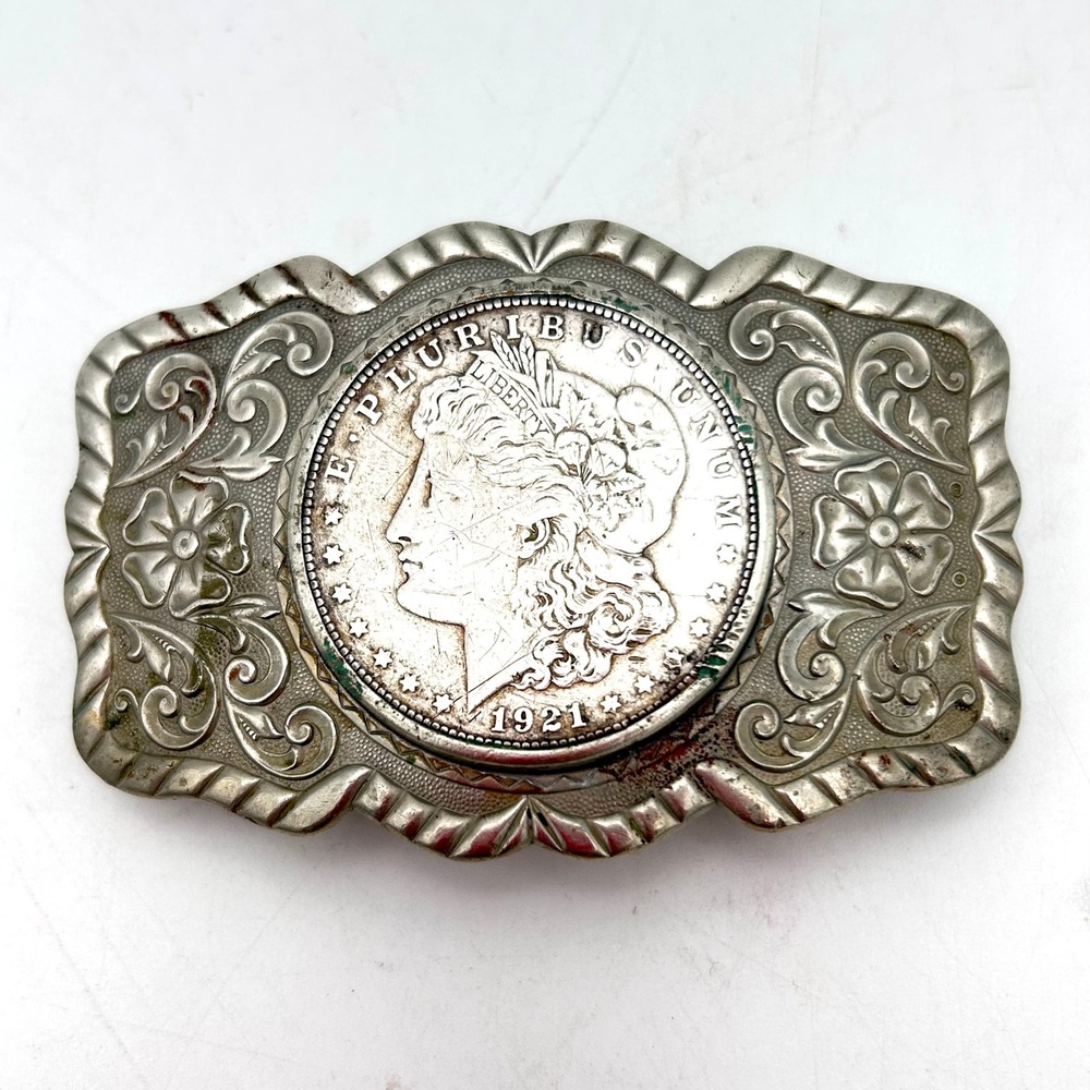 Antique 1921 Morgan Silver Dollar Belt Buckle Western Floral Engraved Scroll